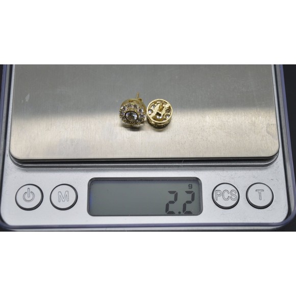 Real 10K Solid Yellow Gold 10mm Mens CZ Button Round Cut Stud Earrings 2.2gr - Picture 3 of 4